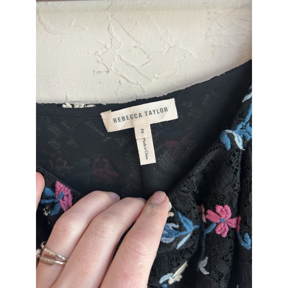 Rebecca Taylor Black Embroidered Lace Top 2 Cottagecore Floral Romantic Feminine - Picture 4 of 8